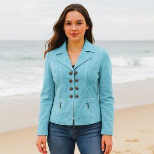 Womens Conrad C Petite Sz 8 Travel Aqua Military Peplum Blazer Jacket Slimming